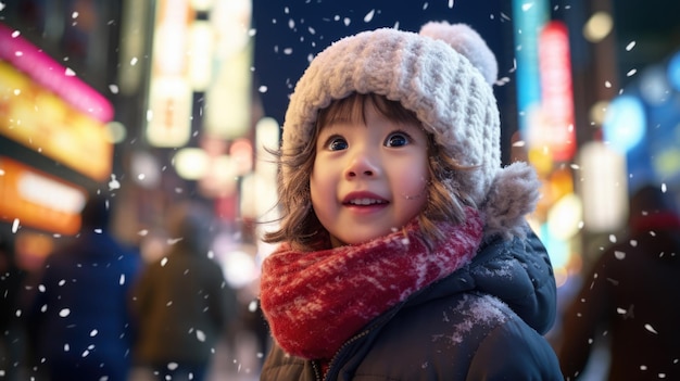 foto di un bambino che gioca con la neve che riempie l'aria a Shibuya Tokyo ai generato