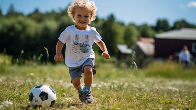 foto di un bambino che gioca con la palla all'aperto generata da AI