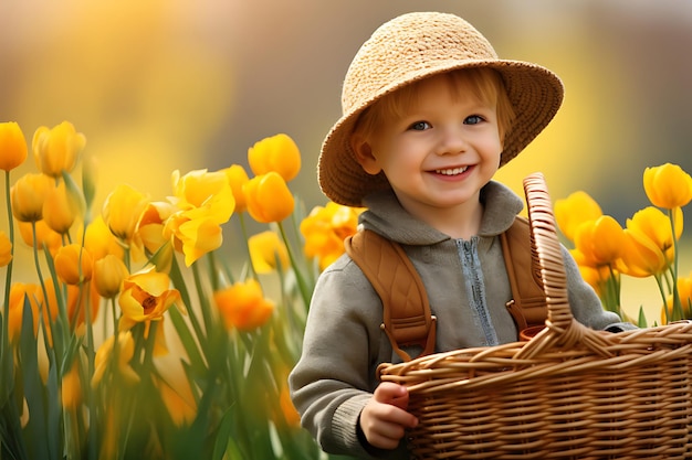 Foto di un bambino con un cesto di tulipani in un prato