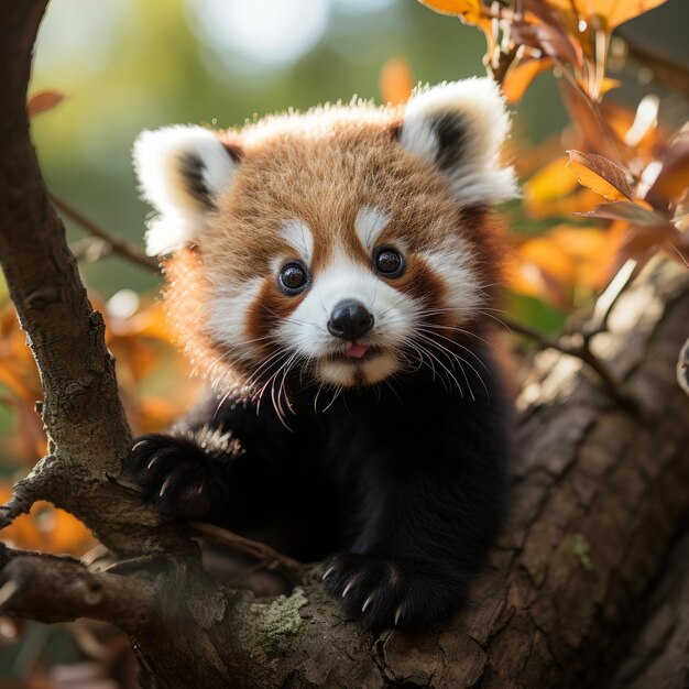 Foto di un bambino panda rosso giocoso che si arrampica su un albero AI generativa