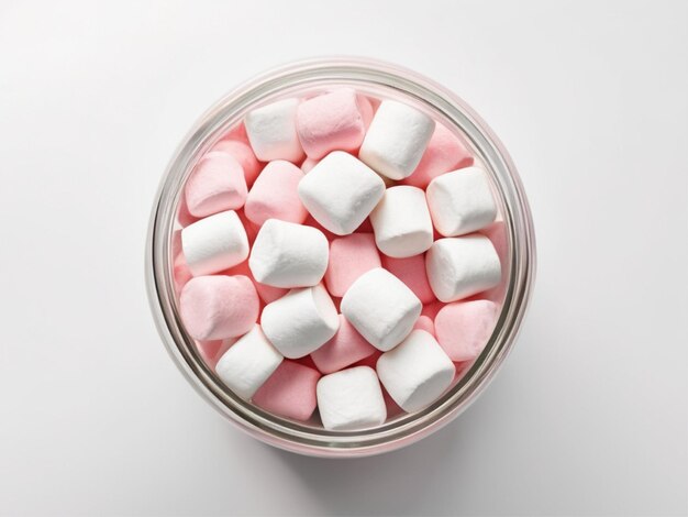 Foto di un barattolo di marshmallows gonfi e dolci isolati sulla vista superiore bianca