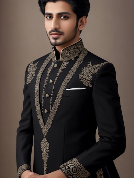 Foto di un bel ragazzo che indossa uno sherwani nero per le nozze