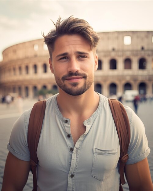 foto di un bell'uomo turista di fronte al luogo più turistico d'Italia vicino