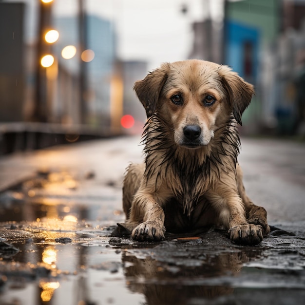 foto di un bellissimo cane sotto la pioggia