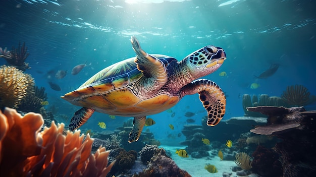 Foto di un bellissimo primo piano di una grande tartaruga che nuota generata dall'intelligenza artificiale