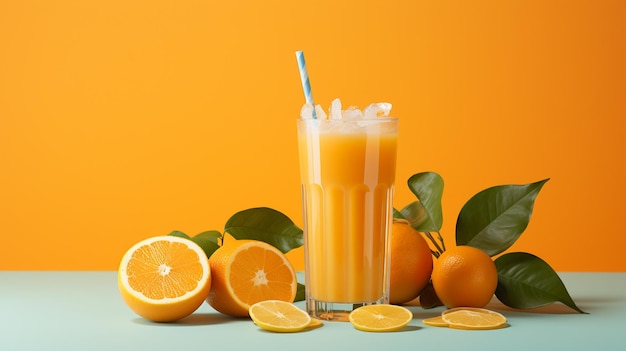 foto di un bicchiere di succo d'arancia posto sul legno generato dall'IA