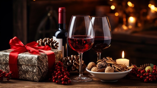 Foto di un bicchiere di vino rosso con un cappello di Babbo Natale in scatola regalo in bronzo e Natale generato dall'AI