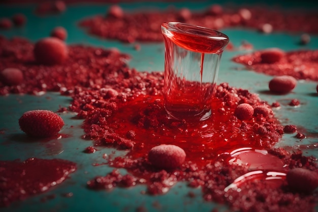 Foto di un bicchiere pieno di liquido rosso su un tavolo