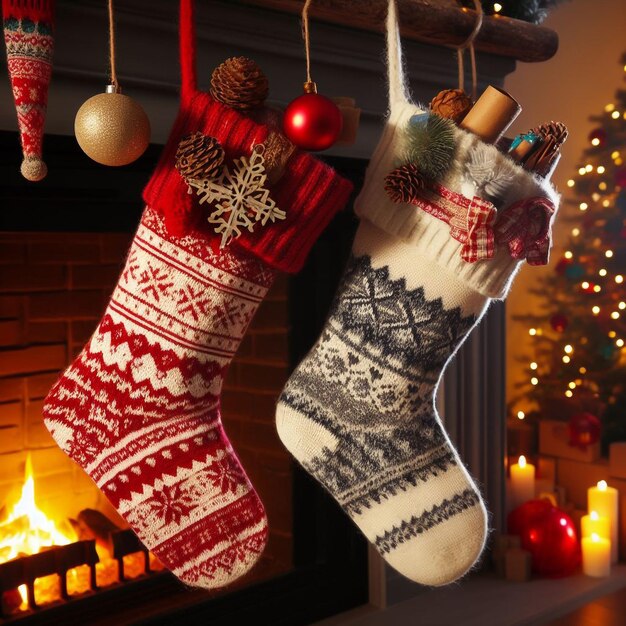 Foto di un camino decorato con calze di Natale