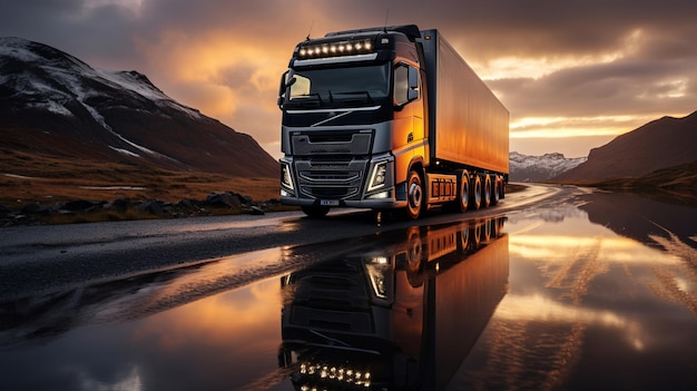 Foto di un camion che guida su una strada bagnata