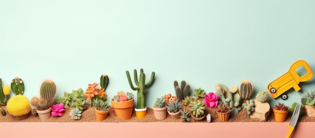 Foto di un camion giocattolo giallo parcheggiato tra una fila di cactus con spazio vuoto per testo o altri elementi