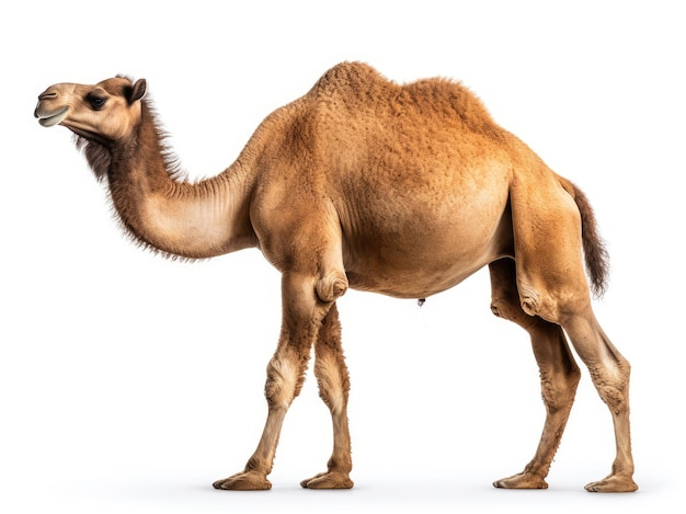 Foto di un cammello isolato su una vista laterale del fondo bianco
