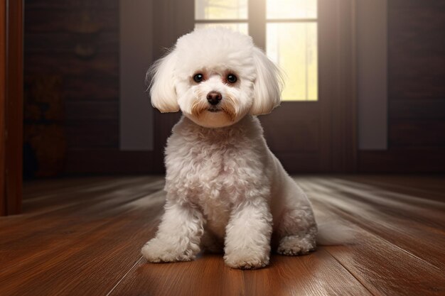 Foto di un cane bichon frise seduto sul pavimento