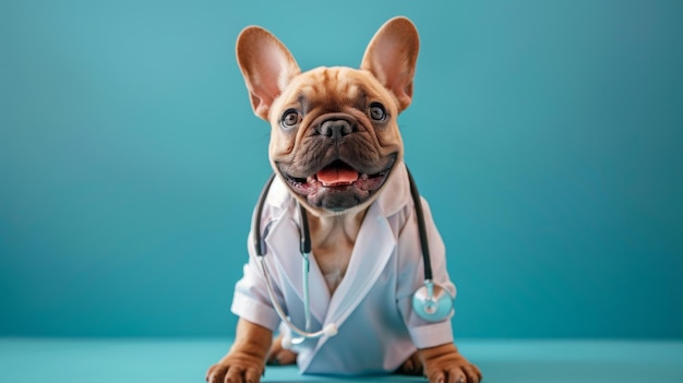 foto di un cane carino sorridente che indossa un cappotto da laboratorio con uno stetoscopio seduto sullo sfondo di colore blu