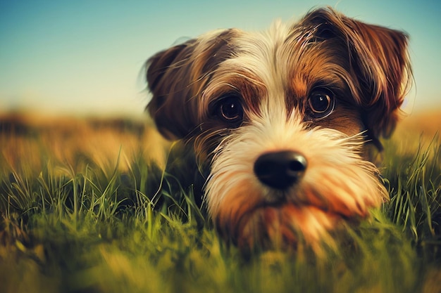 Foto di un cane in natura nell'erba alta cane sdraiato sull'erba cielo blu e nuvole