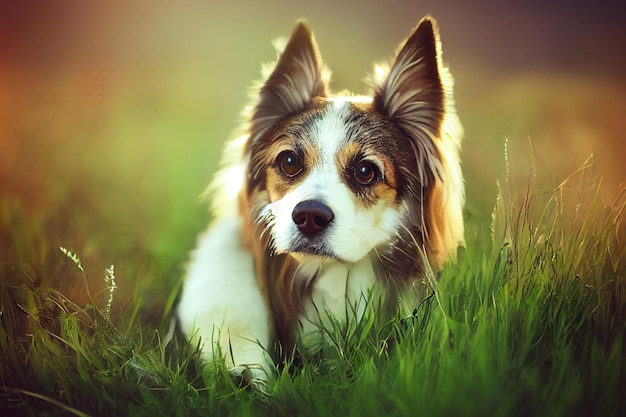 Foto di un cane in natura nell'erba alta cane sdraiato sull'erba guardando la telecamera