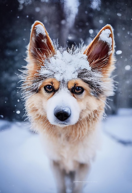 Foto di un cane in natura nella foresta di neve guardando la fotocamera Foto in stile glamour con pelo morbido