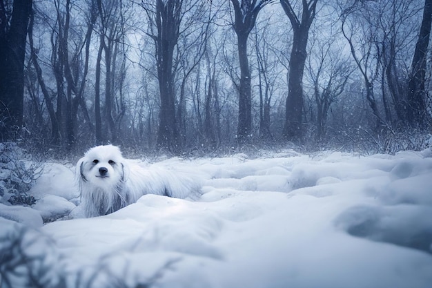 Foto di un cane in natura nella foresta di neve guardando la fotocamera Foto in stile glamour con pelo morbido