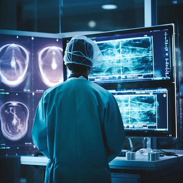 foto di un chirurgo dal retro che guarda uno schermo con una risonanza magnetica del cervello umano