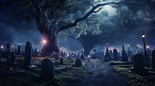 Foto di un cimitero illuminato con un albero al centro