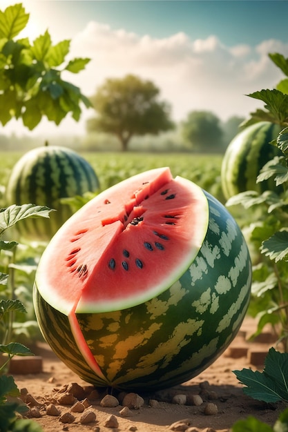 foto di un cocomero attaccato a una terra agricola con uno sfondo sfocato