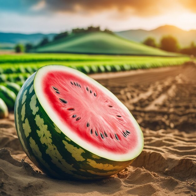 foto di un cocomero attaccato a una terra agricola con uno sfondo sfocato