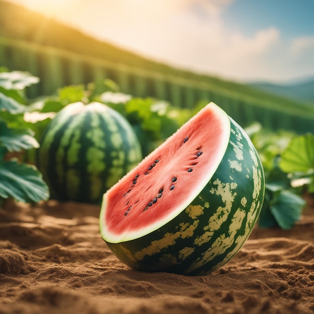 foto di un cocomero attaccato a una terra agricola con uno sfondo sfocato