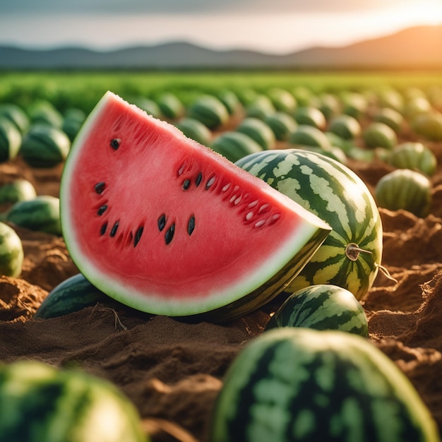 foto di un cocomero attaccato a una terra agricola con uno sfondo sfocato