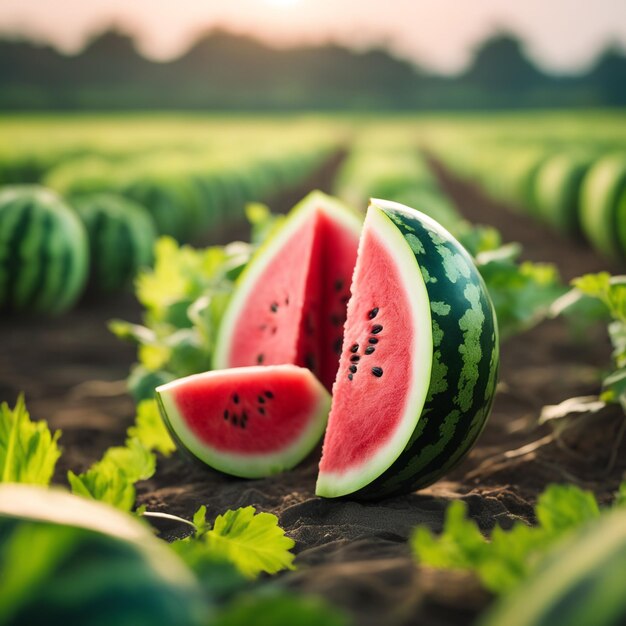 foto di un cocomero attaccato a una terra agricola con uno sfondo sfocato