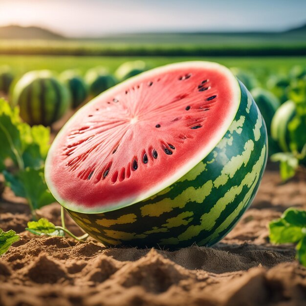 foto di un cocomero attaccato a una terra agricola con uno sfondo sfocato