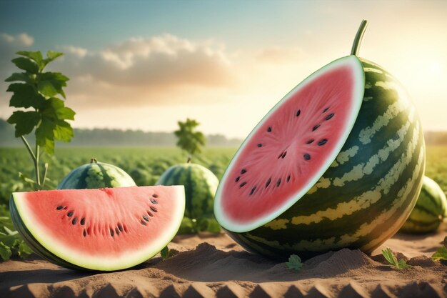 foto di un cocomero attaccato a una terra agricola con uno sfondo sfocato