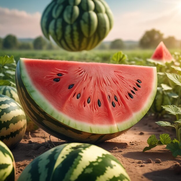 foto di un cocomero attaccato a una terra agricola con uno sfondo sfocato