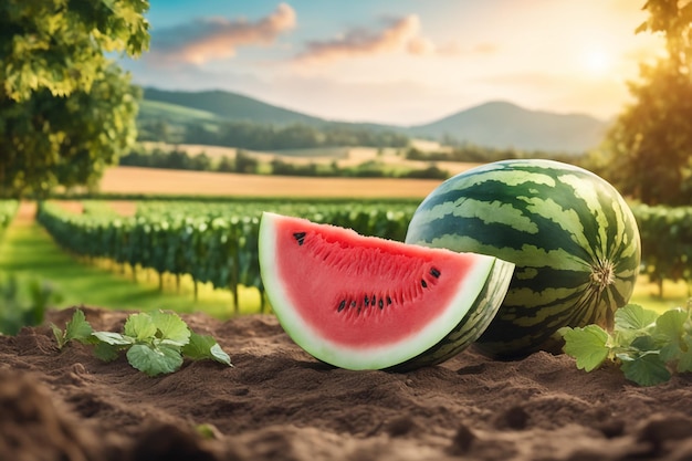 foto di un cocomero attaccato a una terra agricola con uno sfondo sfocato