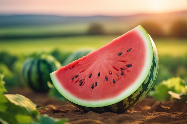 foto di un cocomero attaccato a una terra agricola con uno sfondo sfocato