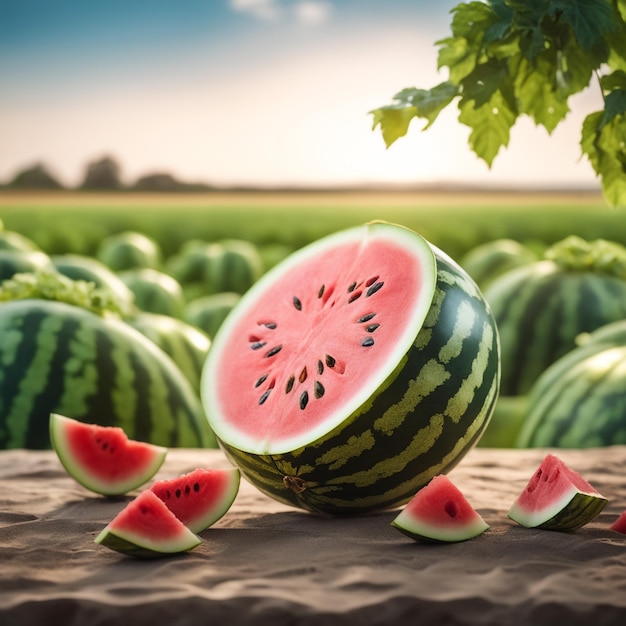 foto di un cocomero attaccato a una terra agricola con uno sfondo sfocato