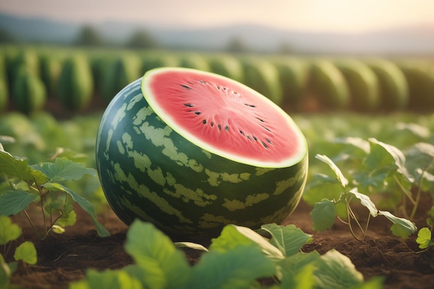 foto di un cocomero attaccato a una terra agricola con uno sfondo sfocato