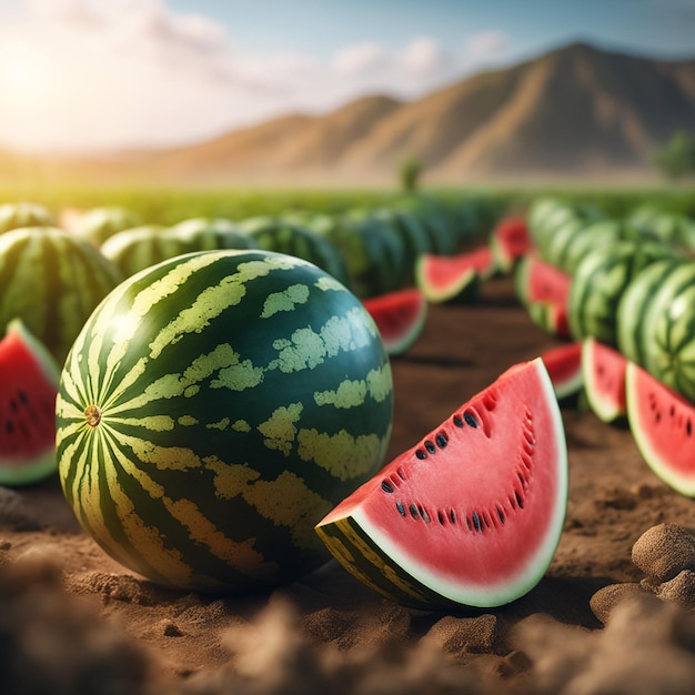 foto di un cocomero attaccato a una terra agricola con uno sfondo sfocato