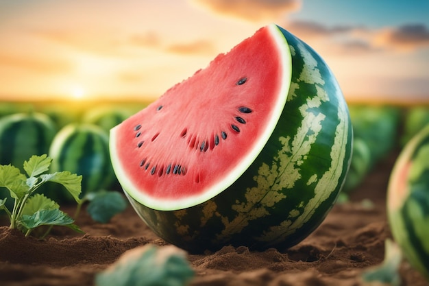 foto di un cocomero attaccato a una terra agricola con uno sfondo sfocato