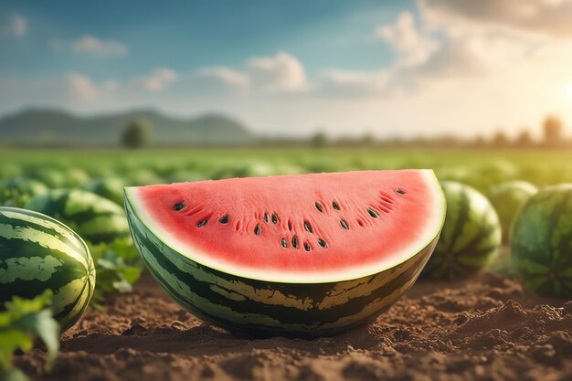 foto di un cocomero attaccato a una terra agricola con uno sfondo sfocato