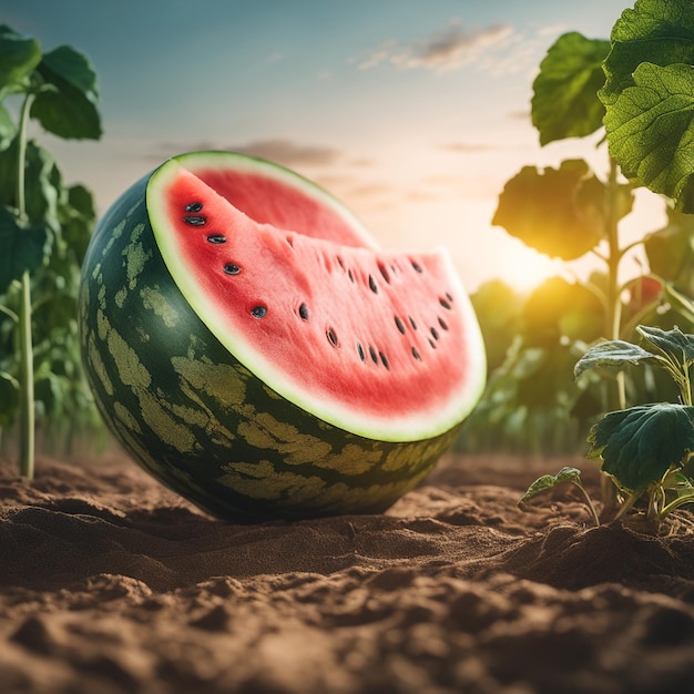 foto di un cocomero attaccato a una terra agricola con uno sfondo sfocato