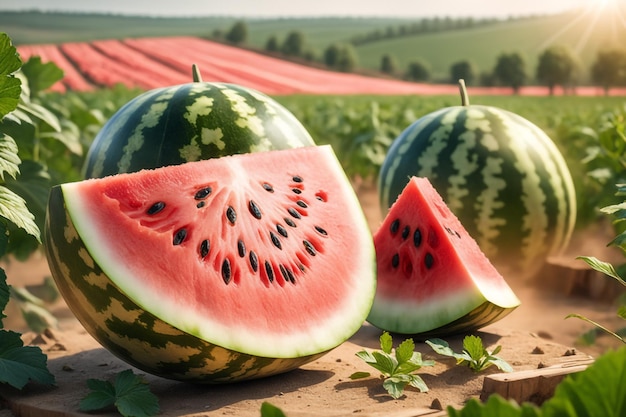 foto di un cocomero attaccato a una terra agricola con uno sfondo sfocato