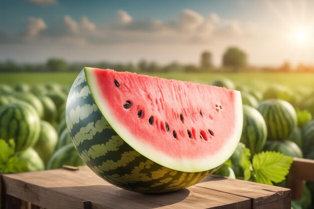 foto di un cocomero attaccato a una terra agricola con uno sfondo sfocato