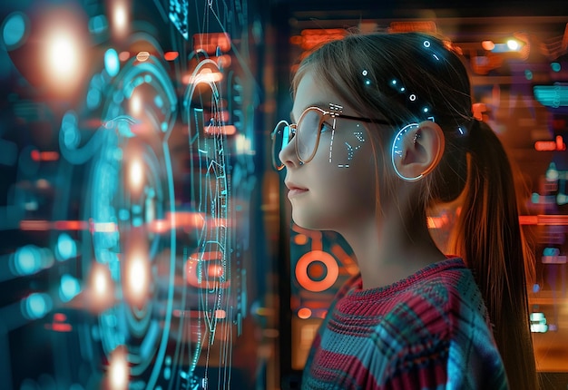 Foto di un concetto di istruzione per bambini con tecnologia AI nel futuristico