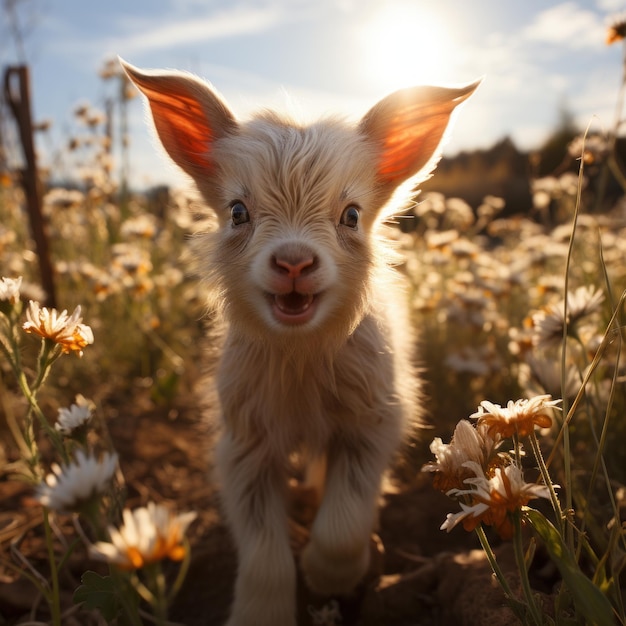 Foto di un cucciolo di capra che gioca in un prato