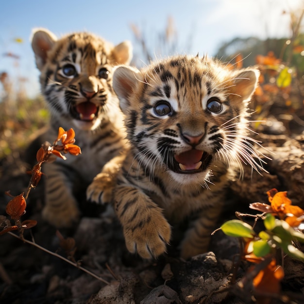 Foto di un cucciolo di tigre giocoso con i suoi fratelli