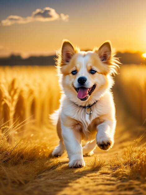 Foto di un cucciolo molto carino che corre in un campo di grano dorato