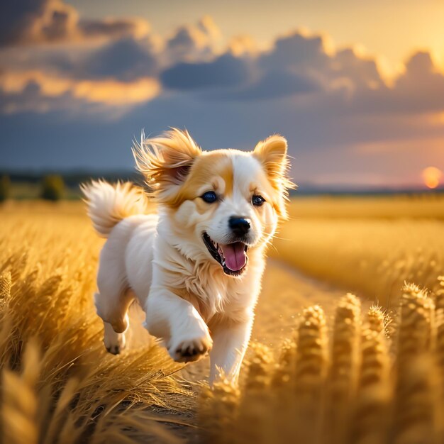 Foto di un cucciolo molto carino che corre in un campo di grano dorato