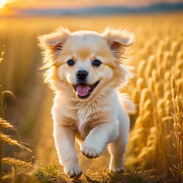 Foto di un cucciolo molto carino che corre in un campo di grano dorato