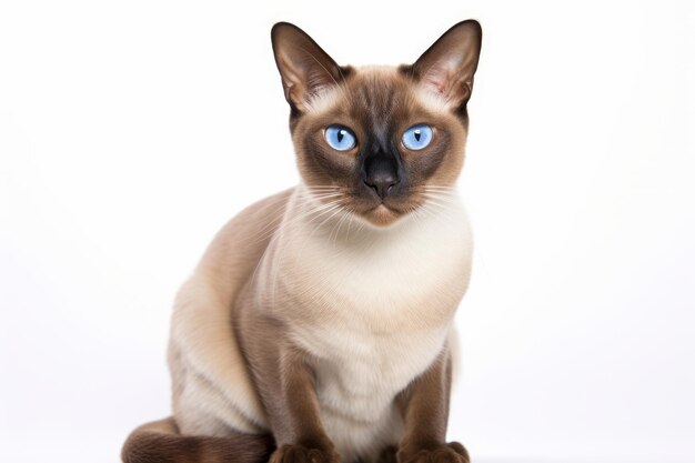 Foto di un curioso gatto tonkinese con il suo distinto modello di pelo su uno sfondo bianco pulito Ge