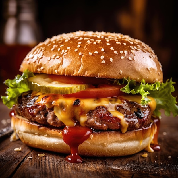 foto di un delizioso hamburger con salsa e formaggio